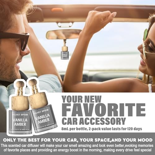 Image of C Classy Hanging Car Air Freshener 2 Pack, Vanilla Amber,Tea Glass Bottle Diffuser, Long-Lasting Fragrance, Cute Car Accessories for Women & Men, Made in USA
