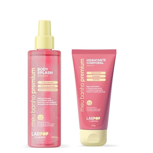 Kit Belle Pink LabPop Meu Banho Premium Hidratante Corporal 150g + Body Splash 190ml Hidratação Intensa com Nano Retinol Colágeno Elastina Fragrância Prolongada Efeito Shimmer Pele Macia e Perfumada