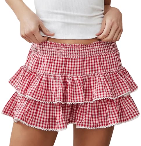 Gingham Skirts for Women Elastic Waist Ruffle Flowy Layered Short Skirt Plaid A Line Pleated Short Skirts