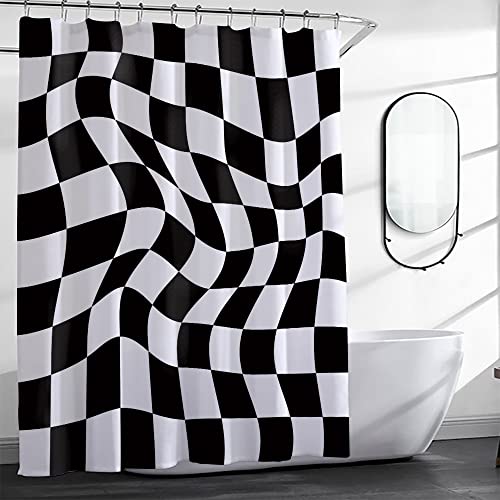 De-Mediocre Black And White Aesthetic Checkerboard Shower Curtain Trippy 70S Retro Hippie Abstract Morden Watercolor Decorative Fabric Bath Curtain For Bathroom Shower 72" W X 72" L #TOP12