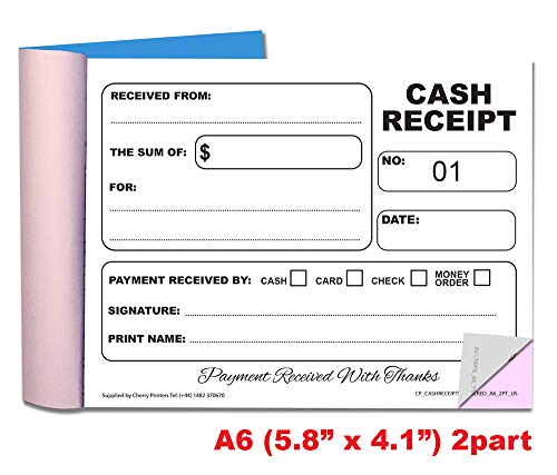 Cherry Carbonless Cash Receipt Book, 2-Part, with Loose-Leaf Writing Shield, A6 (4.1 x 5.8 Inches) 50 Sets, Numbered 01-50
