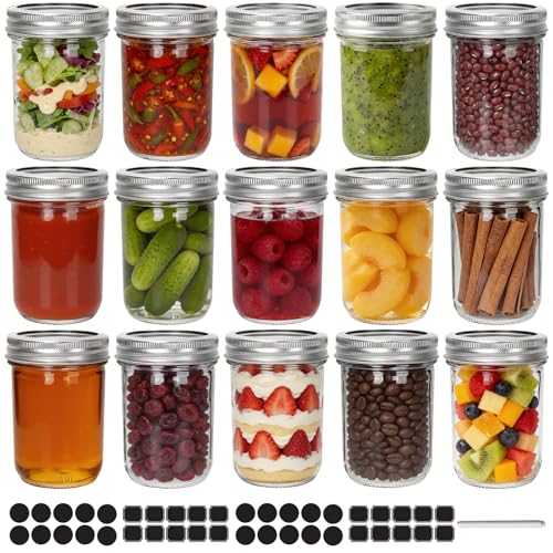 8 oz Wide Mouth Glass Mason Jar with Airtight Lids and Bands 15 Pack