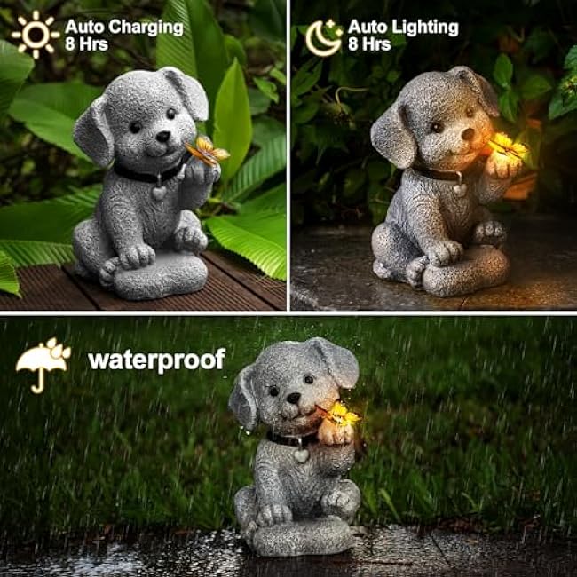 Solar Garden Statue Outdoor Decor,Dog Figurine with LED Lights,Birthdays Mother£ªs Day Housewarming Gift for Women, Mom, Grandma,Garden Gifts¨ÛHome Decoration with Butterfly