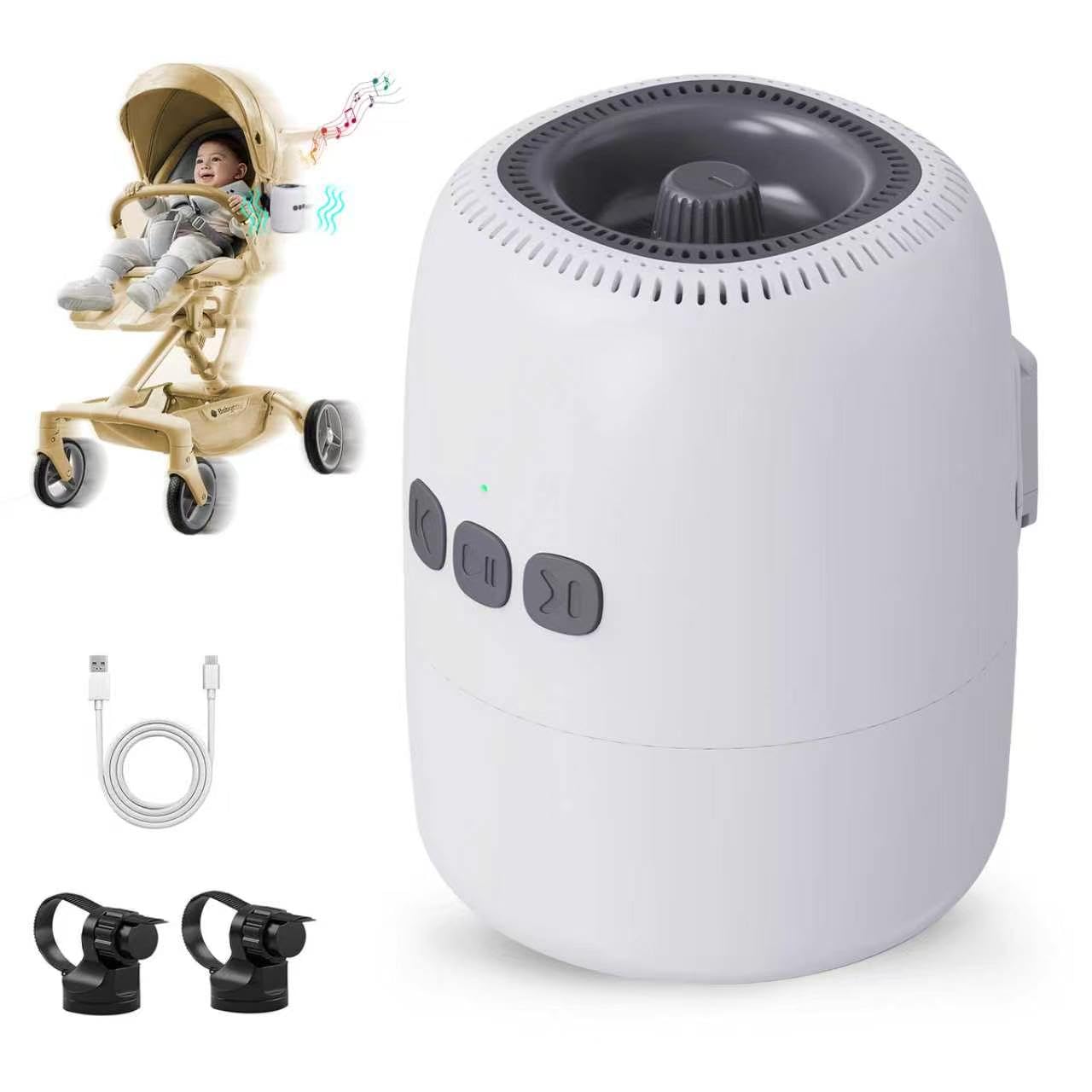 Baby Rocker Rechargeable, Bercement Poussette avec 5 Niveaux d’Oscillation et Bruit Blanc - Réglable, Ultra-Silencieux, USB-C, 2 Supports Universels pour Toutes les Poussettes (Blanc)