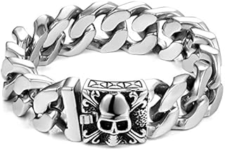 URBAN JEWELRY Unique 23 cm Men's Stainless Steel Silver Skull Head Link Chain Bracelet