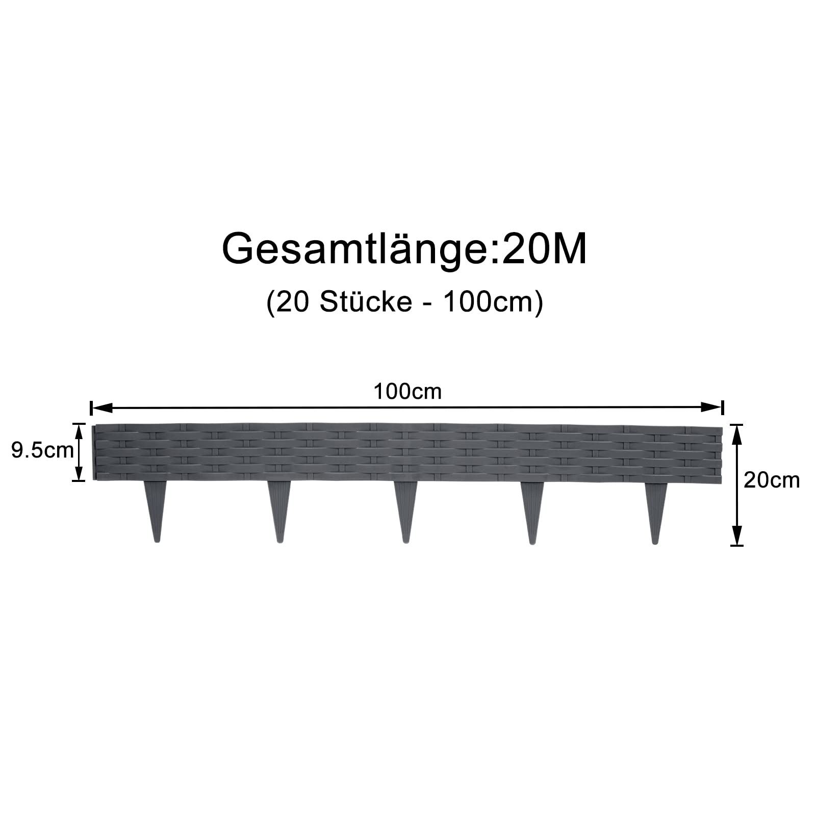 UISEBRT Krawędź trawnika tworzywo sztuczne 20 m, Palisada obramowanie rabatki, obrzeże trawnika, Imitacja rattanu, krawędzie, do ogrodu trawnika, rabatek, Antracytowy