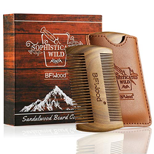 u00a0BFWood 2 Peines de Sándalo para Barba con Estuches de Cuero Duraderos - Diseño para Regalo