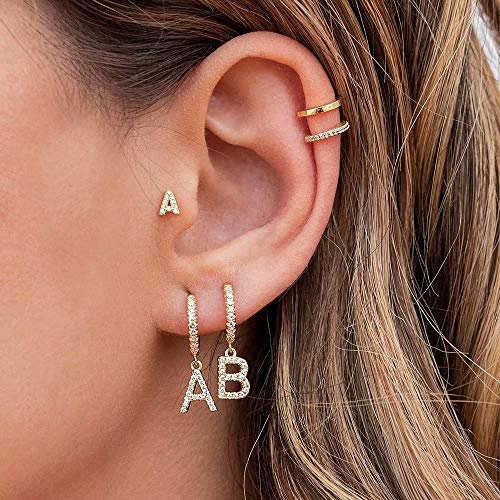 Initial Earrings For Girls Kids, 925 Sterling Silver Post 14K Gold Plated Small Huggie Hoop Earrings Letter A Initial Dangle Earrings Hypoallergenic Earrings For Women Toddler Girl Teen Jewelry Gifts #TOP4
