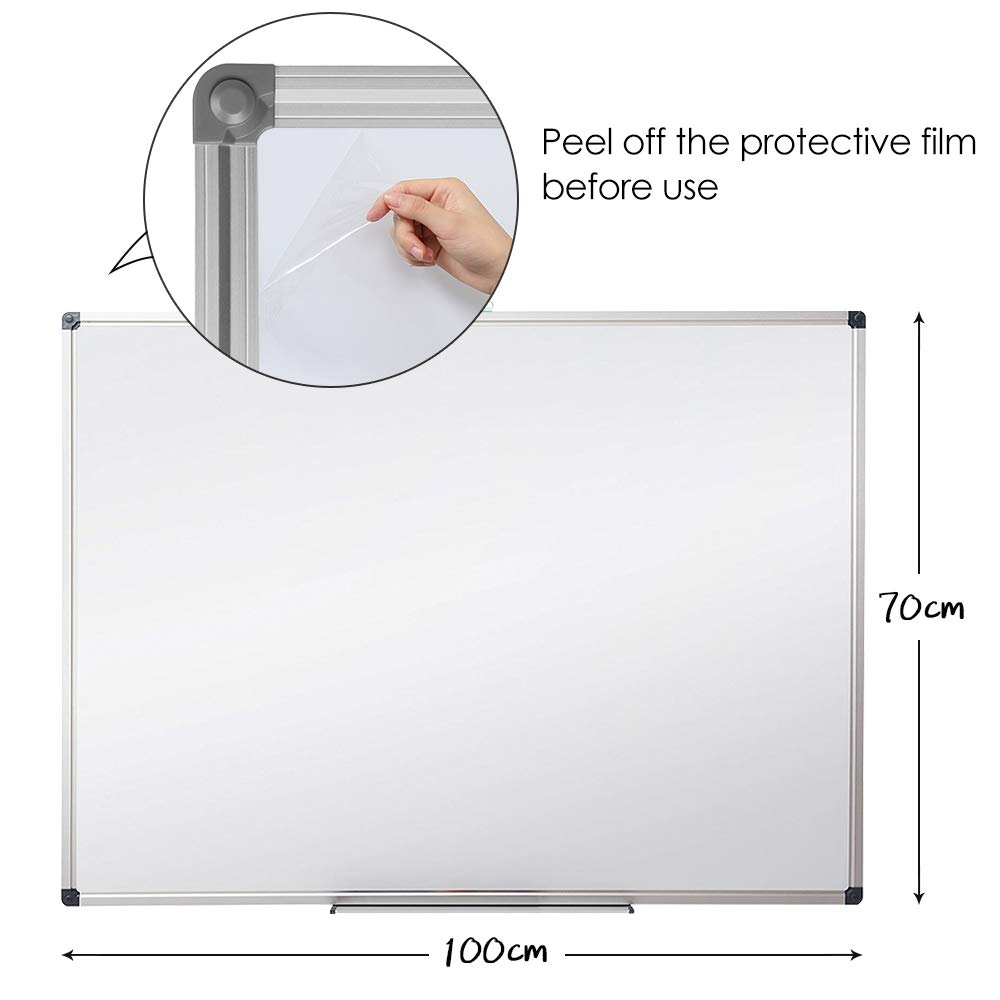 XIWODE Pizarra magnética de borrado en seco, para montar en la pared, 100 x 70 cm, pizarra blanca ligera, pizarra de borrado con marco de aluminio plateado con superficie de acero lacado