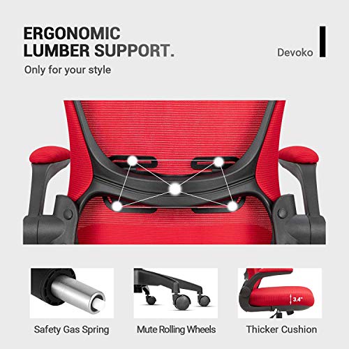 Devoko Office Desk Chair Ergonomic Mesh Chair Lumbar Support With Flip Up Arms And Adjustable Height (Red) #TOP4