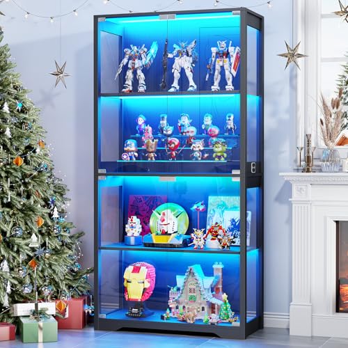 Aauro Home Display Cabinet with Glass Doors, Curio Cabinet with 3 LED Lights and Human Body Sensor, Bookcase with 4 Shelves Storage Cabinets, Black