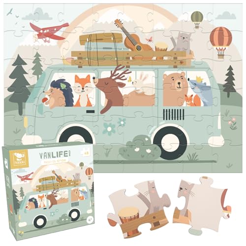 Hoppla - Puzzle Enfant XL - Van Life - Puzzle Géant 69x49cm - 48 Pièces - Dès 4 Ans - Puzzle Animaux, Véhicule, Musique - Cadeau Garçon, Fille