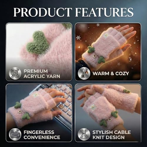 Image of Kraptick Women's Cute Reindeer Plush Convertible Fingerless Gloves - Winter Warm Fluffy Flip-Top Mittens - Korean Style Soft Hand Warmers for Girls & Ladies (Free Size, White)-3