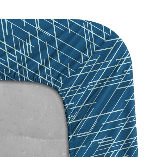 Image of Stoa Paris 100% Cotton King Size Fitted Bedsheet with 2 Pillow Covers, 180TC Printed Bedding Set, All-Season Comfort, Soft & Lightweight, Home Decor, Urbanscape - Cerulean Beams (182cmx198cm+30cm)