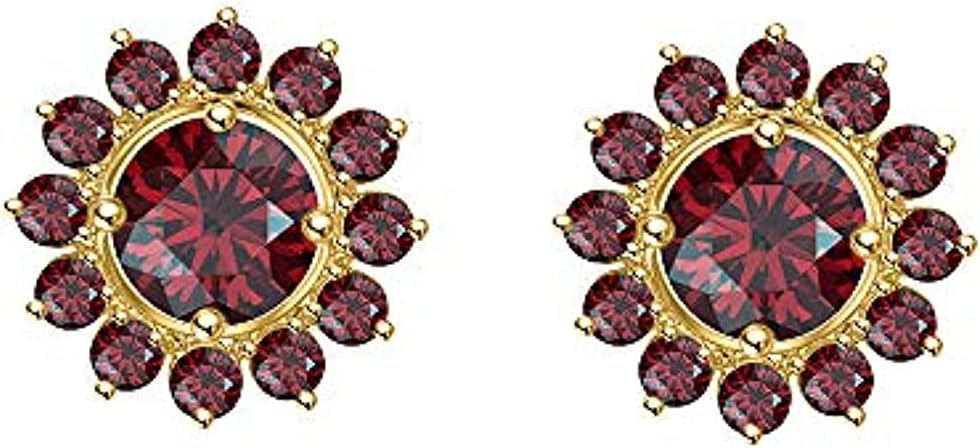 Round Cut Red Garnet 925 Sterling Silver 14K Gold Over Diamond Gemburst Halo Jacket Set Stud Earring for Women's