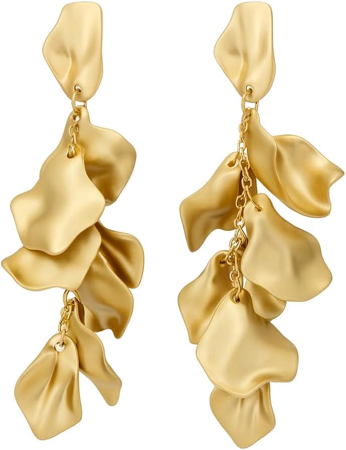Long Acrylic Rose Petal Clip on Dangle Earrings, 14K Gold Plated Chunky Statement Flower Earrings Clips Minimalist Hypoallergenic Floral Tassel Earrings for Non Pierced Eears - Image 7