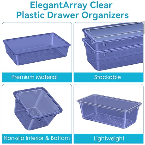 Image of ElegantArray 12 PCS Drawer Organizer Set, 4 Sizes Tool Storage Trays, Clear Plastic Makeup Vanity Organizer and Storage Bins for Stationeries, Multiple Gadgets for Office, Bedroom, Navy Blue