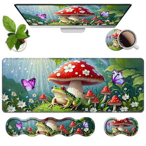 4 in 1 Ergonomic Memory Foam Mouse Pad Wrist Rest Set, Large XXL Gaming Desk Pad + Keyboard Wrist Rest + Mouse Wrist Cushion + Coaster for Home Office Study Gaming, Frog Mushroom Butterfly