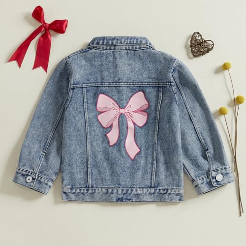 Kids Girl Denim Jacket Toddler Back Bow Pattern Lapel Neck Long Sleeve Front Button-up Tops3