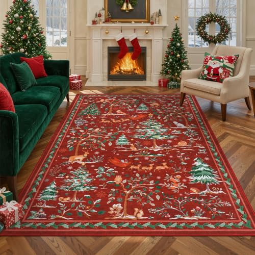 LIVEBOX Christmas 5x7 Area Rug for Living Room Red Clearance,