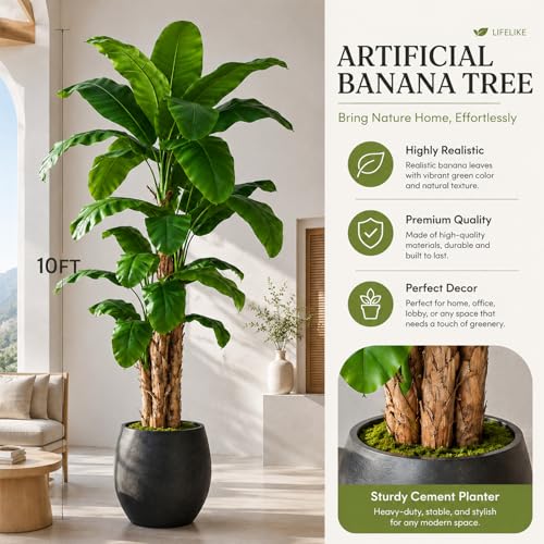 Image of 10ft Extra Tall Artificial Banana Tree, Fake Banana Leaf Plant with 27 Faux Banana Leaves, Perfect for Home Indoor Outdoor Patio Office Tropical Decor