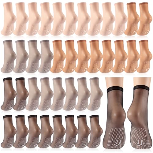 20 Pairs Women's Sheer Ankle Nylon Socks with Gripper Anti Skid Transparent Non Slip Pantyhose Socks Invisible Silk Ankle Anklets for Women