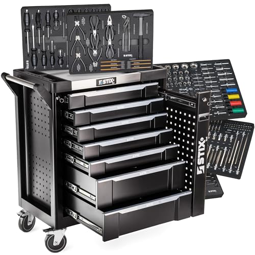 STIX Servante Atelier avec 267 Outils CR-V 7 Tiroirs sur Glissières Tiroir Cargo Plan de Travail INOX Verrouillage Central Mobilier Atelier Professionnel...