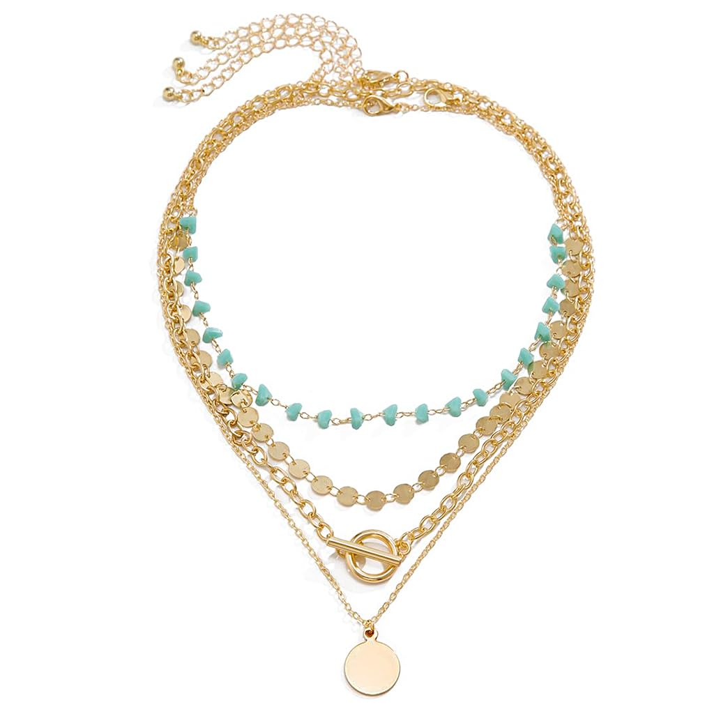 sannidhi 4Pcs Necklace Set for Women Stylish Gold Sequins Pendant Necklaces Layered Turquoise Beads Chain Stack Jewellery for Women Girls-picture-24