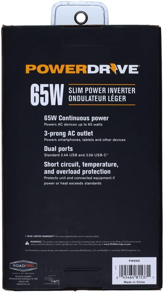 PowerDrive PWD65 65 Watt Slim Power Inverter 12v DC to 110v AC with Outlet and 2 Ports