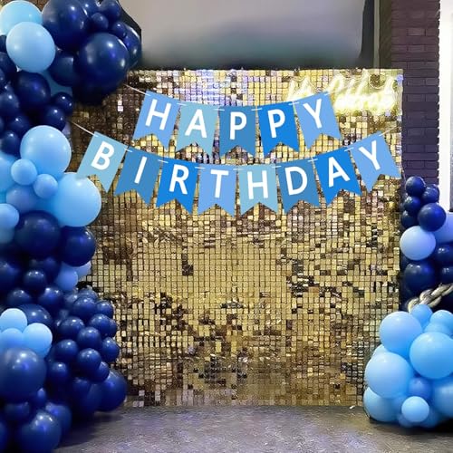 Image of Happy Birthday Banner Sign, Birthday Garland Wall Door Hanging Banners Flag for Women Men Boys Girls Party Backdrop Decorations, Personalized Name Banner White Letters Blue and Light Blue