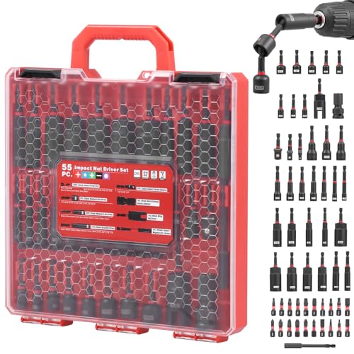 CCJZBCAU 55 Piece Magnetic Impact Nut Driver Set, Master Nut Driver Set with Metric ang SAE Socket Adapters Bit Extension Pivoting and Wing Nut Driver Universal for Impact Drill and Deep Driver