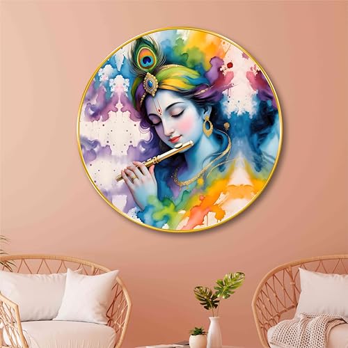 Image of SAF Colorful Lord Krishna with Flute Wall Painting - Spiritual Round Golden Frame Artwork | Hindu Religious Decor for Living Room, Bedroom, Pooja Room | Divine Indian Art (16 X 16 Inch) GRM-291