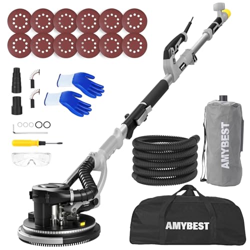 AMYBEST Drywall Sander, Powerful Electric Drywall Sander with Vacuum Dust Collection, 5 Speed 1000-2100 RPM, Popcorn Ceiling Remover, LED Light & 12 Sanding Discs, Extendable Handle (GRAY)