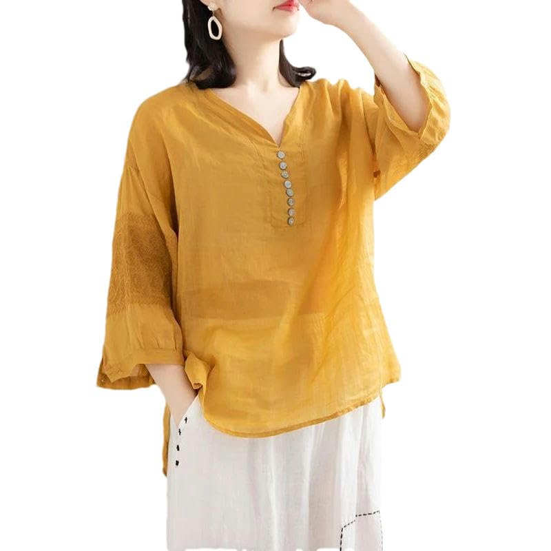 T-shirt col en V femme style chinois fluide à manches courtes couleur unie épurée