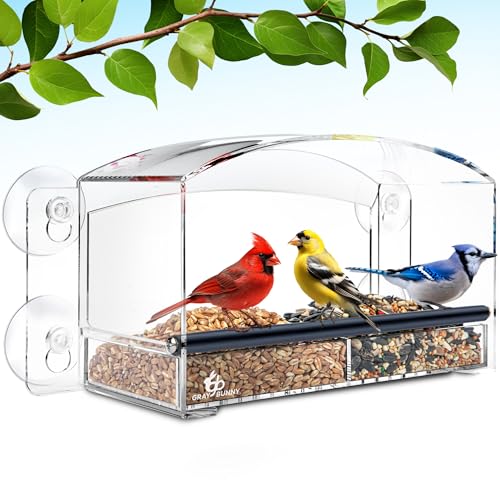 Gray Bunny Window Bird Feeder with Strong Suction Cups, Modern Window Bird Feeders for Outdoors Viewing, Clear Transparent Squirrel Proof Birdfeeder, Drain Holes, Removable Tray, Large Seed Capacity