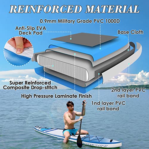 Ancheer Inflatable Stand Up Paddle Board, 11'×32"×6" Double Layer Touring Isup, 3 Fins, Max Load:350 Lbs; Repair Kit & Backbag, Eva Deck, Adj Paddle, Waterproof Bag, Leash And Pump, All Skill Levels #TOP2