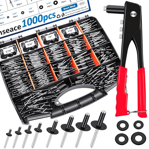 smseace 1001Pcs Pop Rivet Gun Kit Black Pop Rivets Large Flange Rivets Washers and Rivets Gun Tool Packed in Portable Toolbox with Color Label for Metal Furniture Automotive Instruments