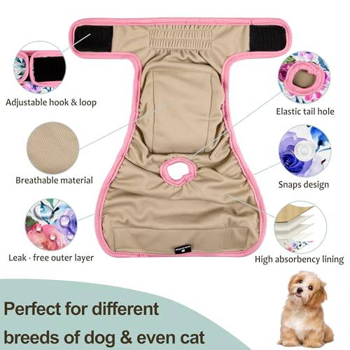 Image of Female Dog Diapers - Reusable Diapers for Doggie in Heat - Highly Absorbent for Pet Incontinence with Snaps (Pack of 3) Rose, M