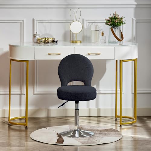 Image of Adjustable Small Vanity Stool Chair with Folding Back for Teenager | 360 Swivel Vanity Chair for Makeup | Teddy Fabric Ottoman Stool for Bedroom Living Room | Small | Black
