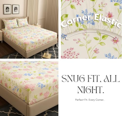 Image of HOMEKART 120 TC Cotton Rich Elastic Corner Fitted Bedsheet with 2 Pillow Covers | Double Bed 72x68+6 Inches | Wrinkle-Free, Super Soft & Breathable Floral Design | Pink & Blue