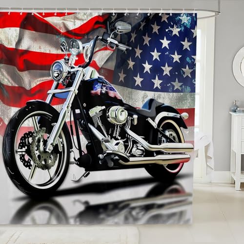 Racing Motorcycle Shower Curtain Boys Vehicles Dirt Bike American Flag Bathtubs Shower Curtain Set,USA Flag Motorbike Extreme Sports Bath Curtain Motocross Rider Bathroom Accessories 72"Wx72"L