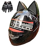 ZJRA Orejas De Gato Casco, Casco De La Motocicleta con El Oído del Gato, Creativo Cuerno Off Road Motocross Casco para Hombres Y Mujeres, Adultos, ECE/Dot Aprobado Yelmo,Cat Ears Helmet,6,XL58~59cm