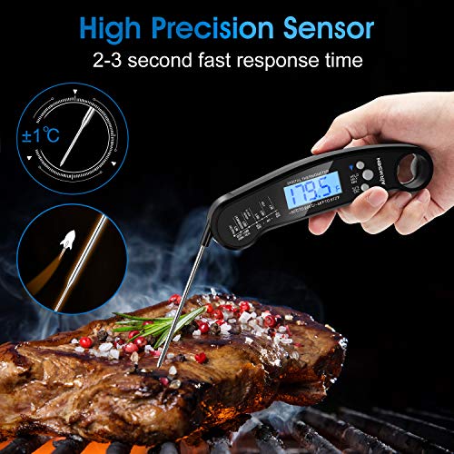 Airmsen Digital Instant Read Meat Thermometer with 4.7” Folding Probe, 2S Best Ultra Fast Waterproof Kitchen Food Cooking Thermometer with Bottle Opener for Barbecue Carnival Night!