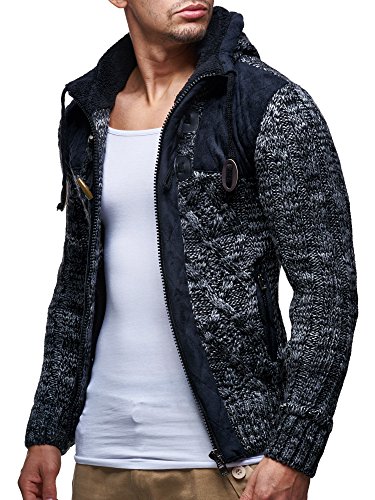 Leif Nelson LN20525 Men's Knit Zip-up Jacket With Geometric Patterns and Leather Accents3