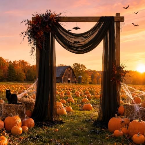 Aeviusmo Black Wedding Arch Draping Fabric Shimmery Sheer Drapes 31" x 20 ft Extra Long Backdrop Curtains for Wedding Anniversary Party Summer Outdoor Events 4th July Drapery Backgrounds - 2