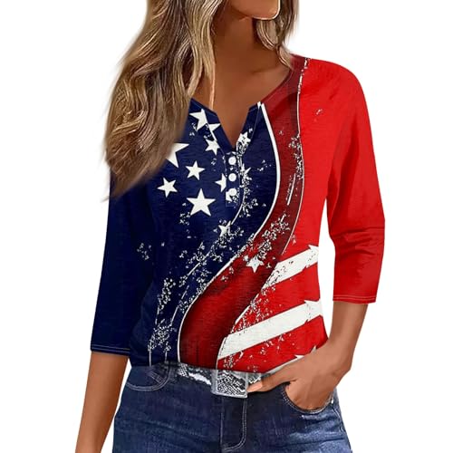 Image of 4th of July Shirts Women 3 /4 Length Sleeve Womens Tops Henley Neck Casual Patriotic T Shirts