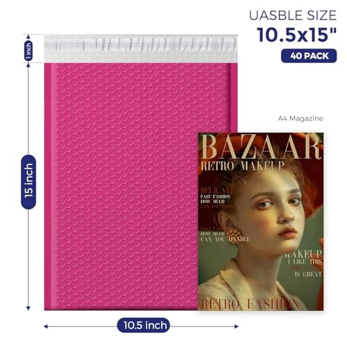Image of Fuxury Large Bubble Mailers 10.5x16 inch 40 Pack Self Seal Pink Padded Envelopes Waterproof Mailing Envelopes Bubble Padded Mailers for Packaging, Small Business #5