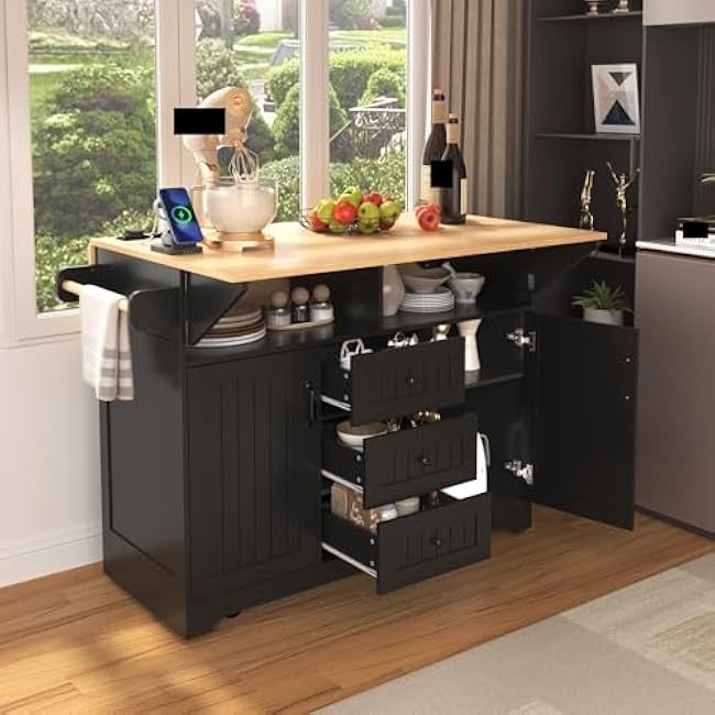 55.7'' Large Kitchen Island with 2 Drop Leaf, Rolling Kitchen Cart on 5 Wheels with Power Outlet, Folding Storage Dining Table-UYi8fM4W