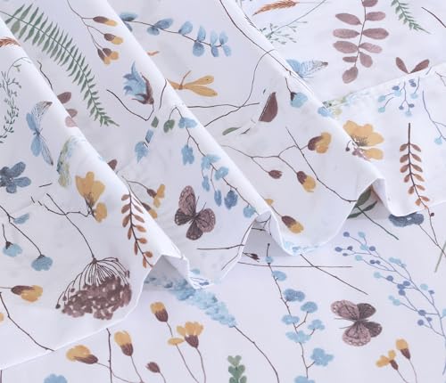 RUVANTI 100% Cotton Twin Sheets Set, 3 Pieces, Soft & Breathable Percale Weave Bedding, Deep Pocket 16", Hotel Standard, Crisp Cool Feel, Durable, Perfect Floral Bed Sheet, Fern Class