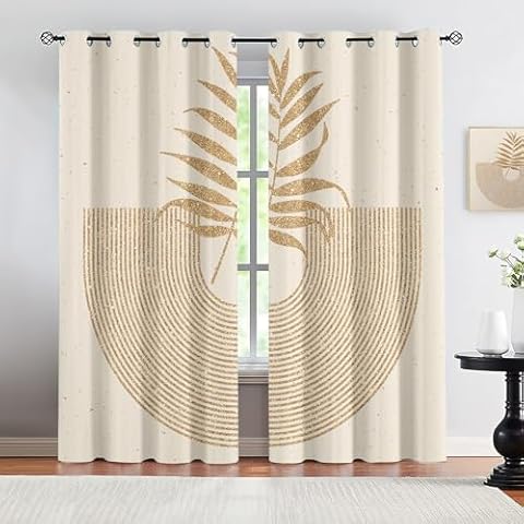 GKPLY Mid Century Boho Style Window Curtains, Gold Rainbow Striped Leaves 3D Printed Grommet Drapes, 2 Panel Eyelet Privacy Curtains for Bedroom Living Room Home Decor21 W x 63 "L Cover